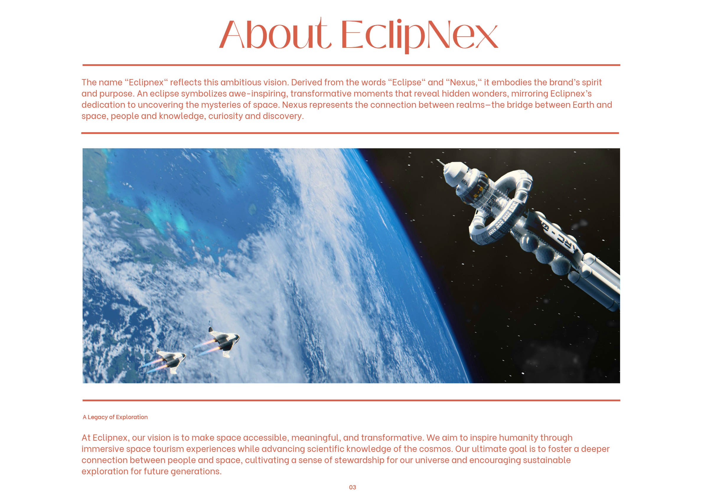 EclipNex brand story by Golam Sayon Ahamed — About page showing the name origin from Eclipse and Nexus, space visual, and brand vision statement