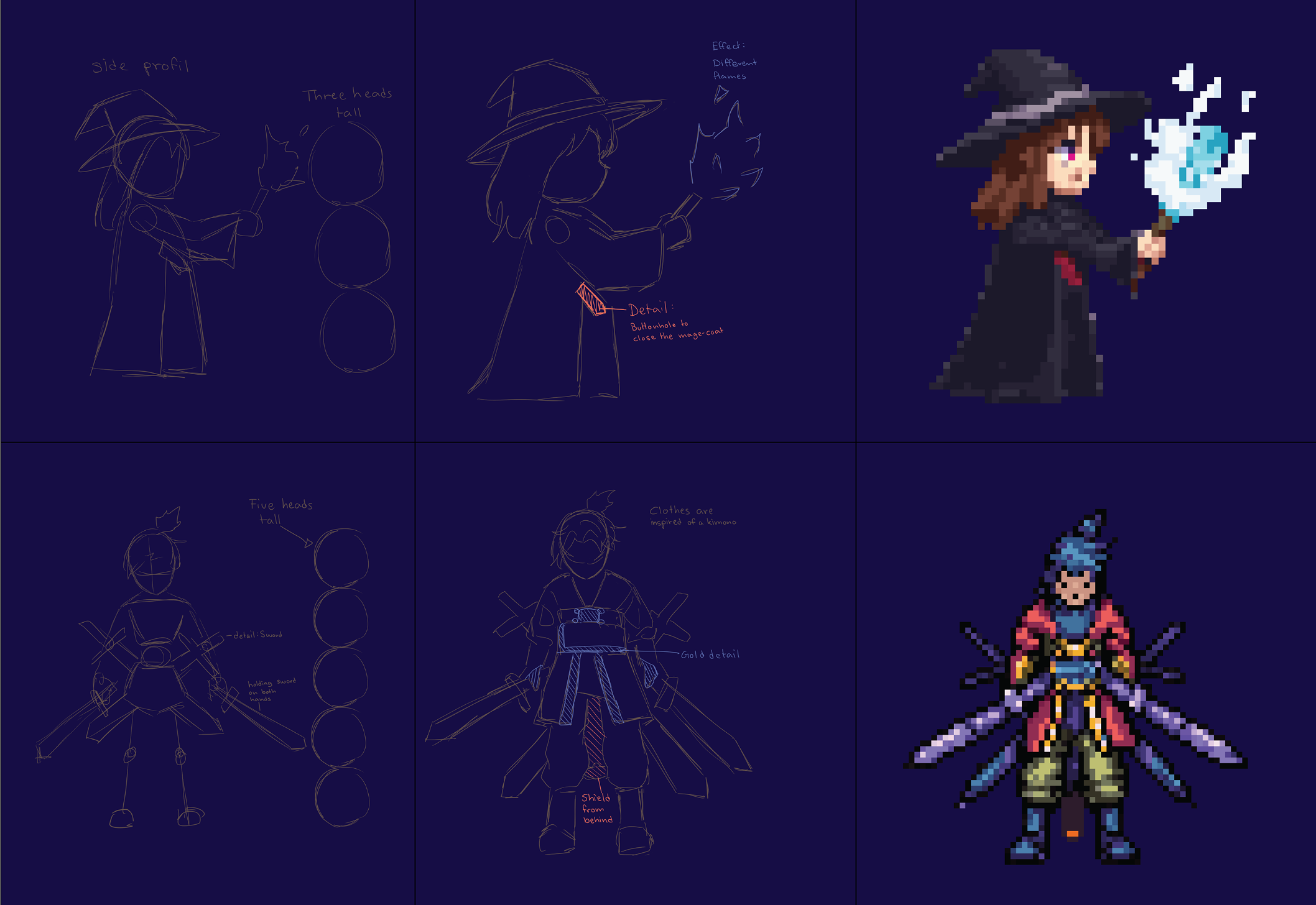 Pixel art character sketch to final by Golam Sayon Ahamed — showing design process from rough concept to finished warrior and witch characters