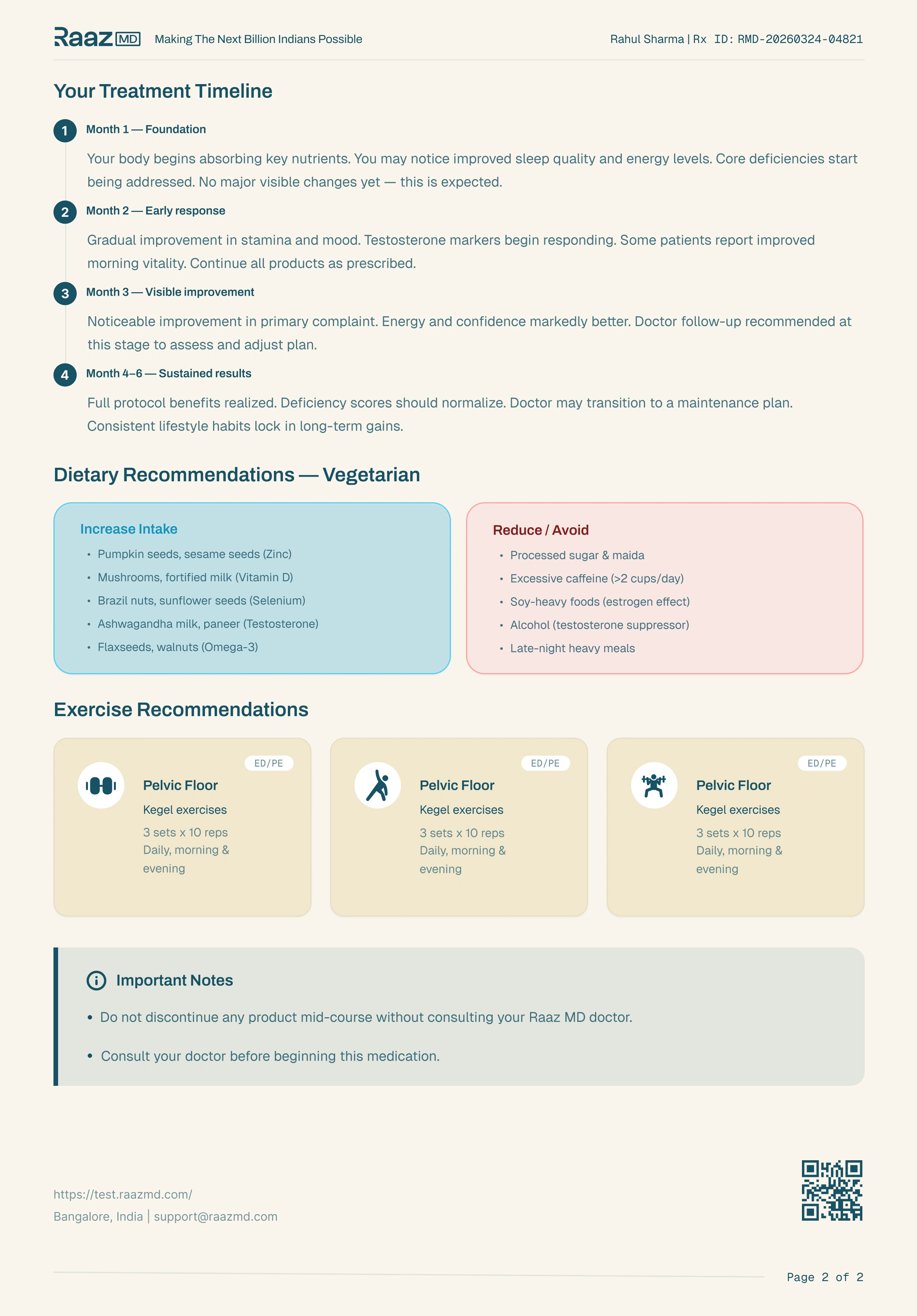 Final prescription design — page 2, treatment timeline, dietary and exercise recommendations