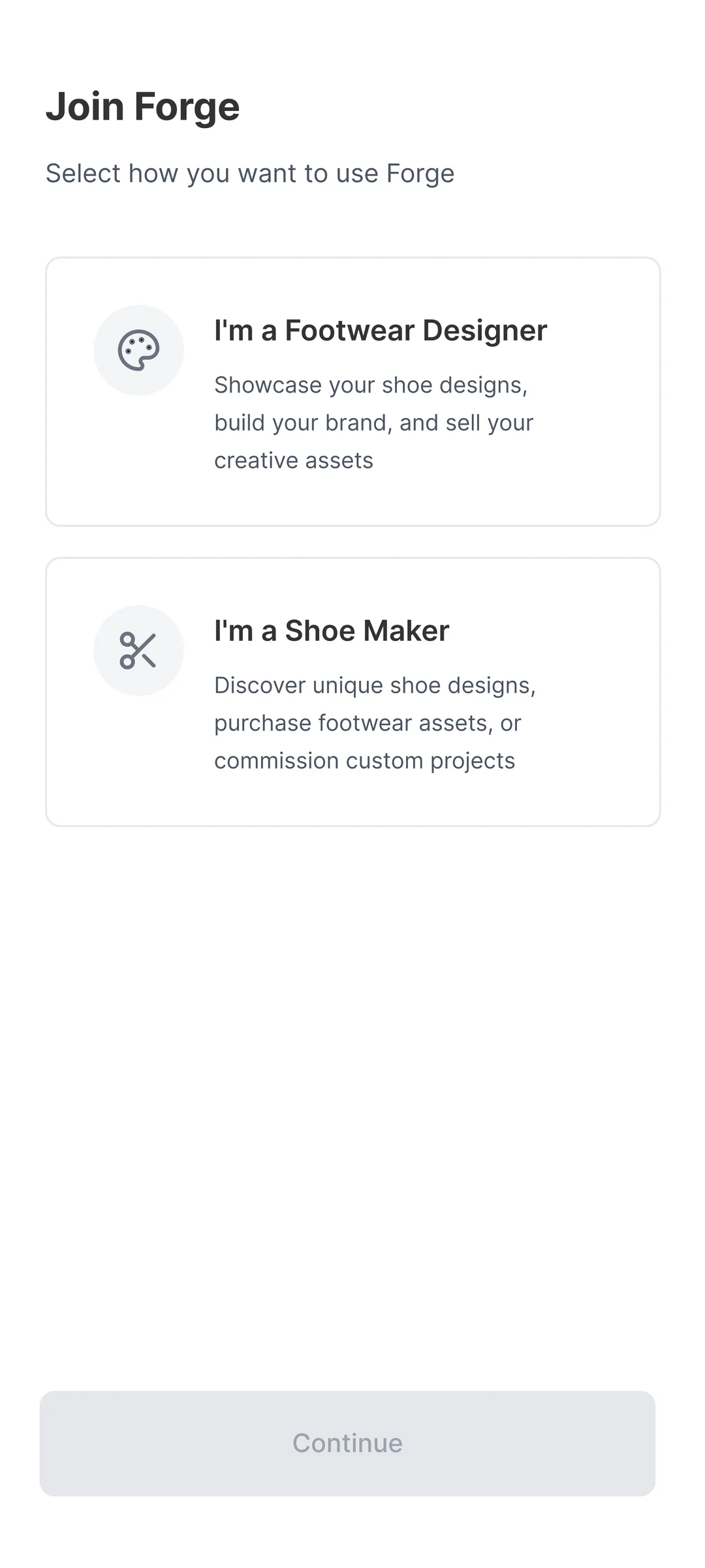 Forge role selection screen by Golam Sayon Ahamed — Footwear Designer or Shoe Maker, single choice that changes the entire platform experience