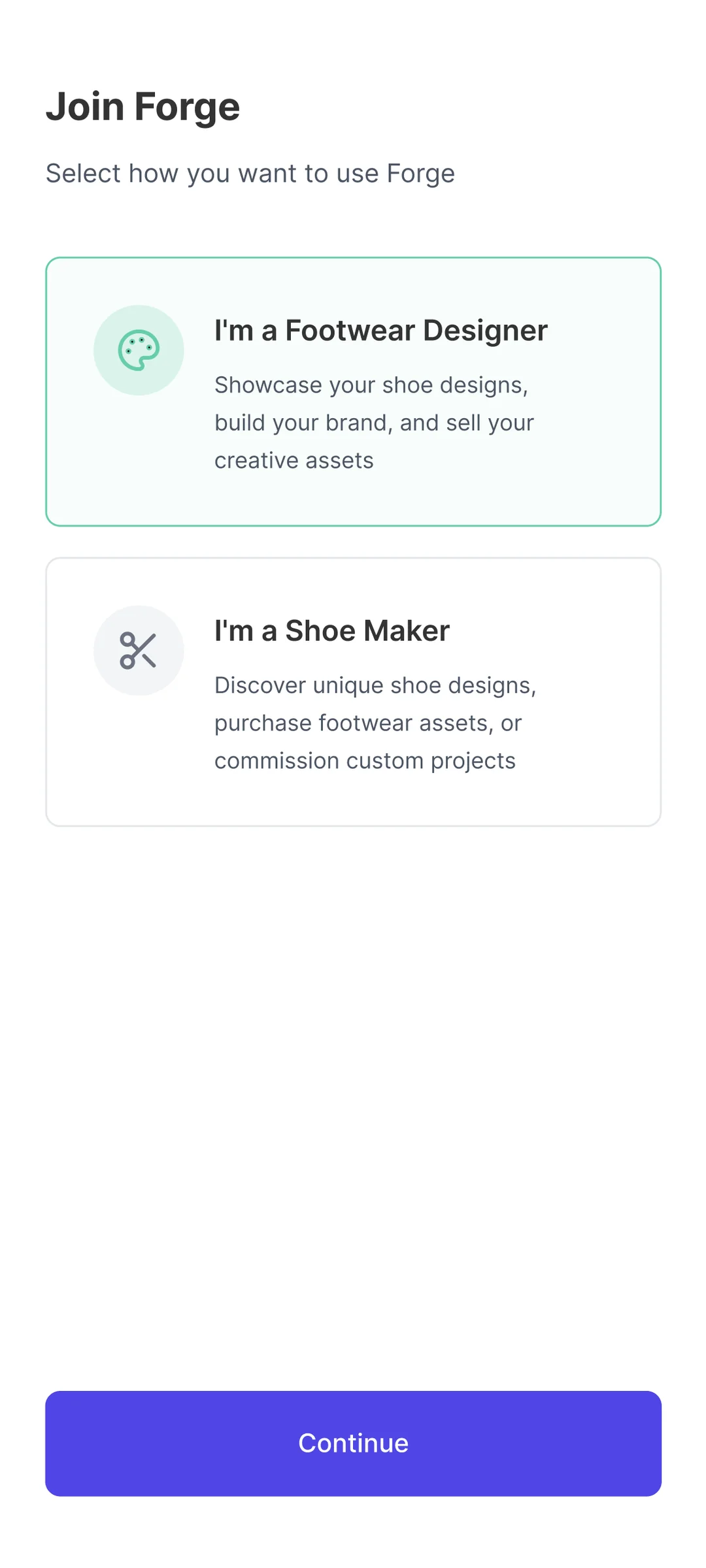 Forge account setup screen by Golam Sayon Ahamed — minimal onboarding asking only what the platform needs