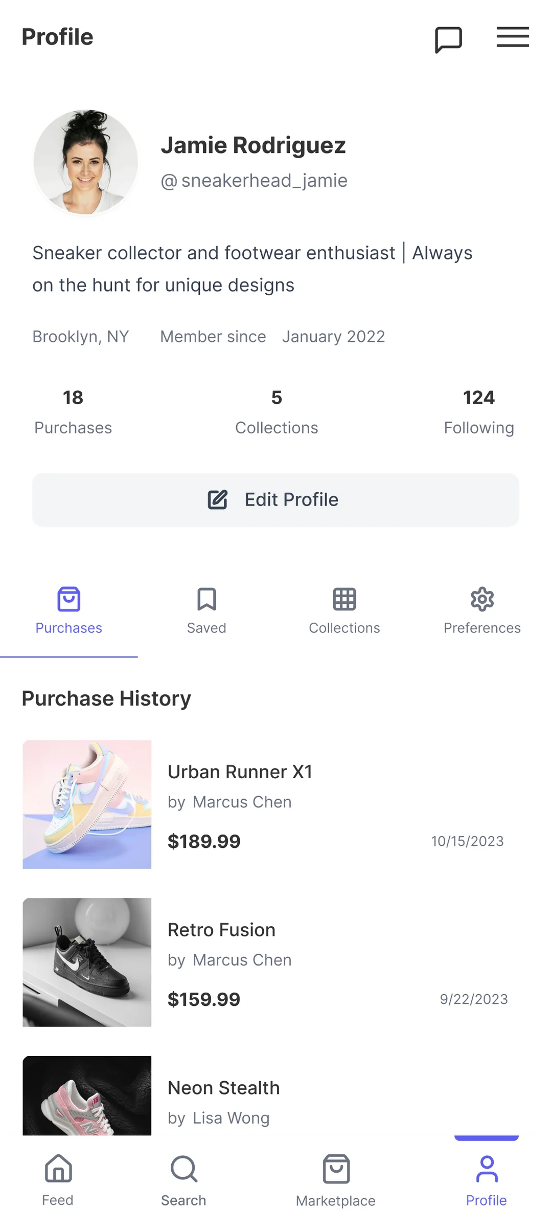 Forge buyer profile view by Golam Sayon Ahamed — showing purchase history and commission options for buyers