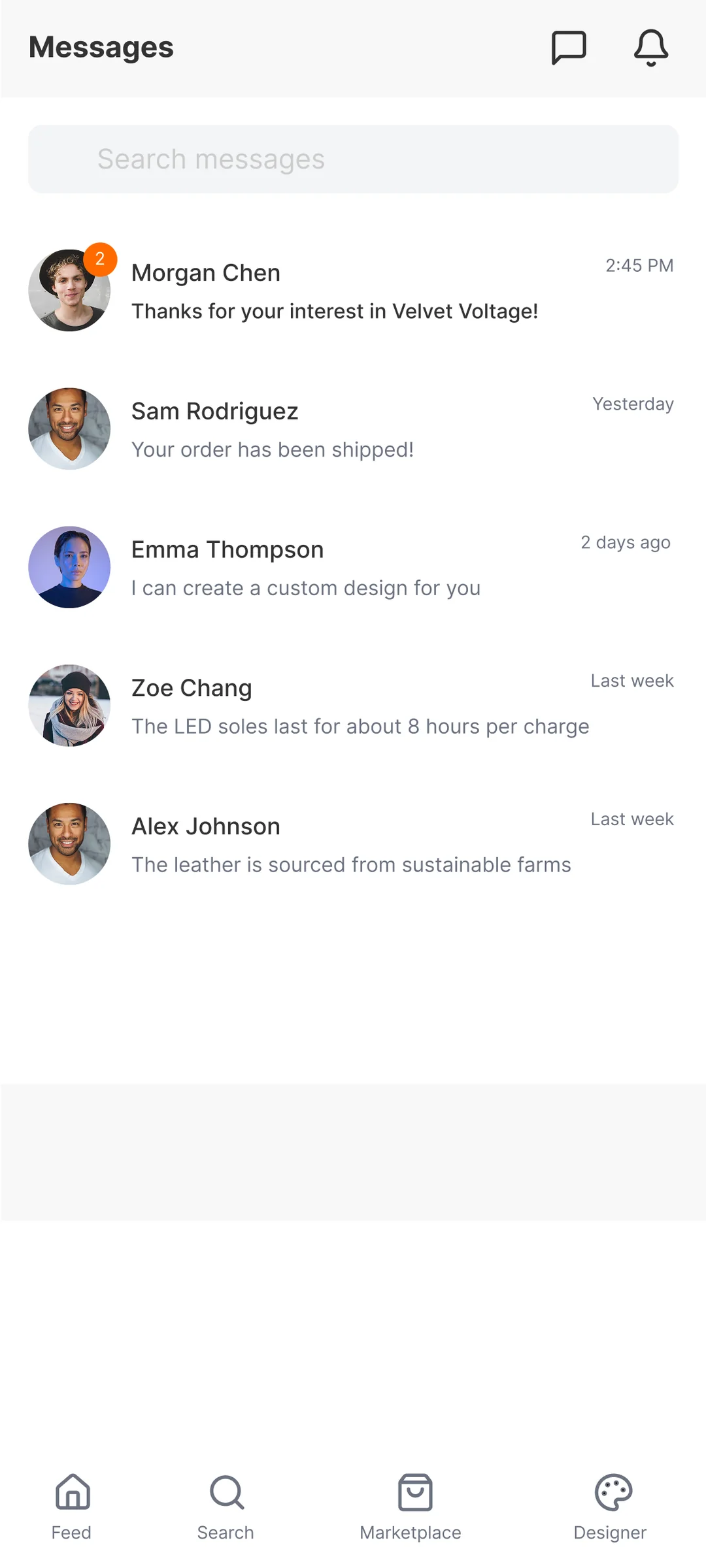 Forge messages screen by Golam Sayon Ahamed — direct communication between designers, makers, and brands