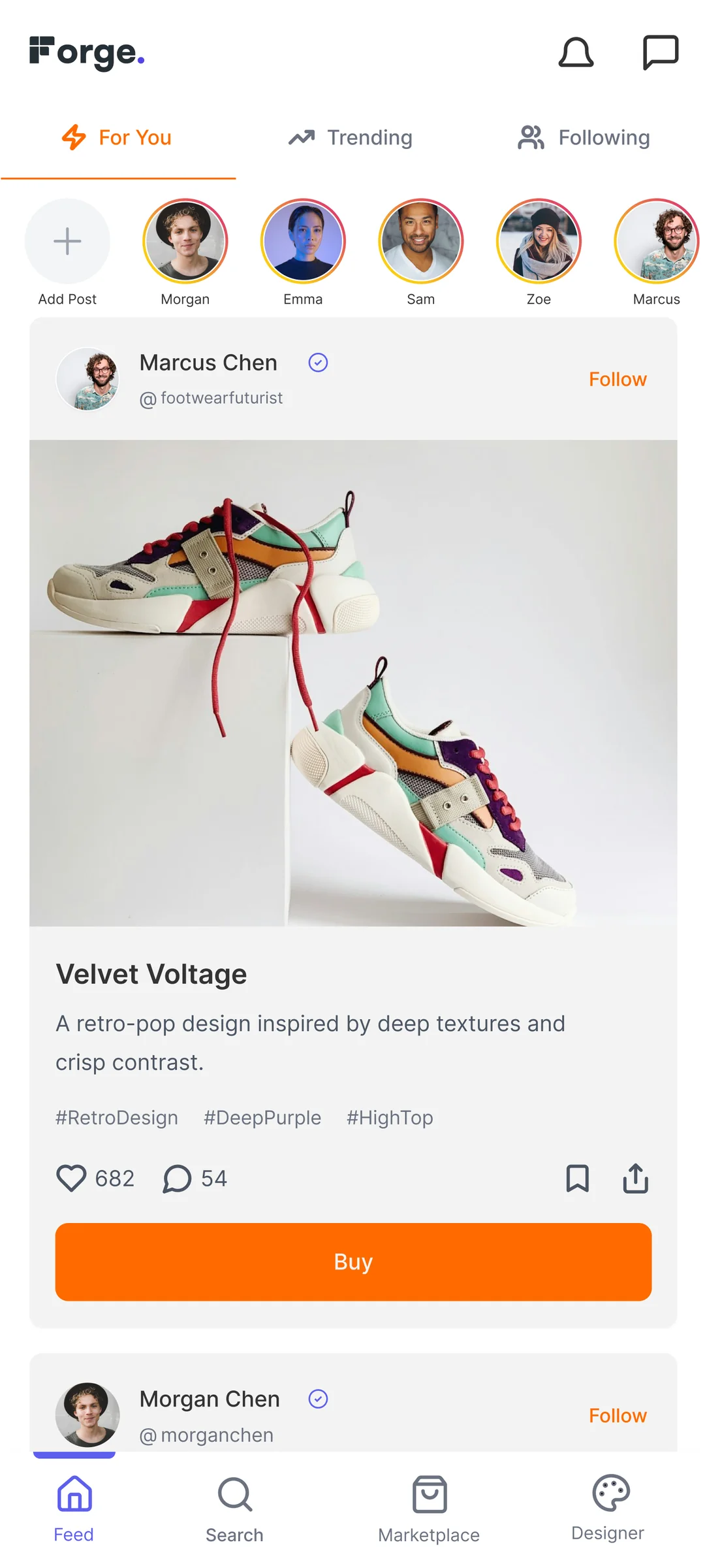 Forge home feed screen by Golam Sayon Ahamed — surfacing all footwear designer content for casual browsing