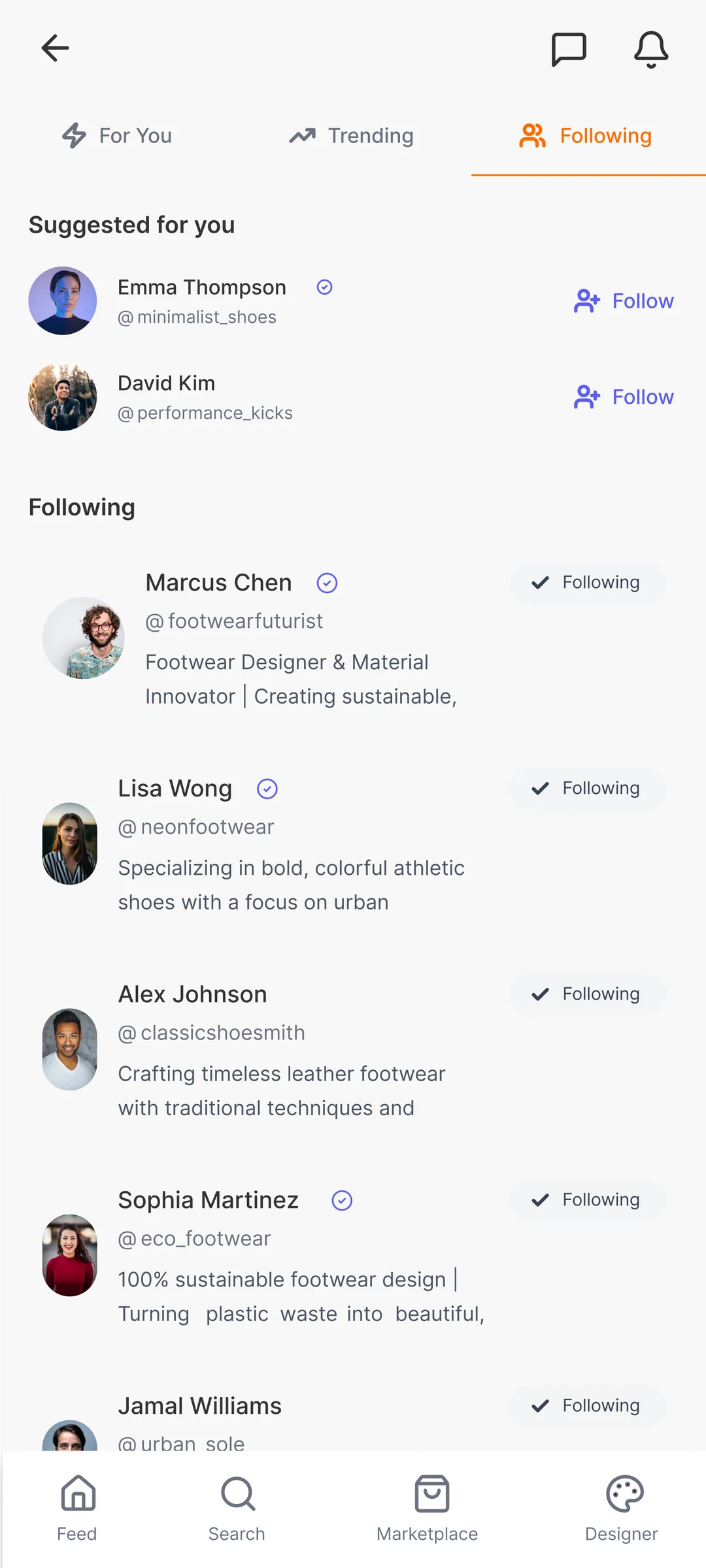Forge following feed screen by Golam Sayon Ahamed — tight view of designers the user already follows