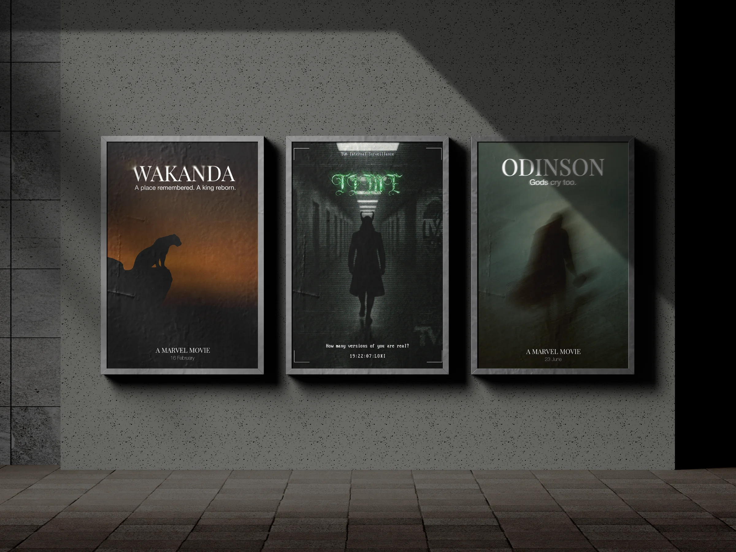 Marvel x A24 poster mockup by Golam Sayon Ahamed — Wakanda, Loki, and Odinson as framed A3 prints on a wall