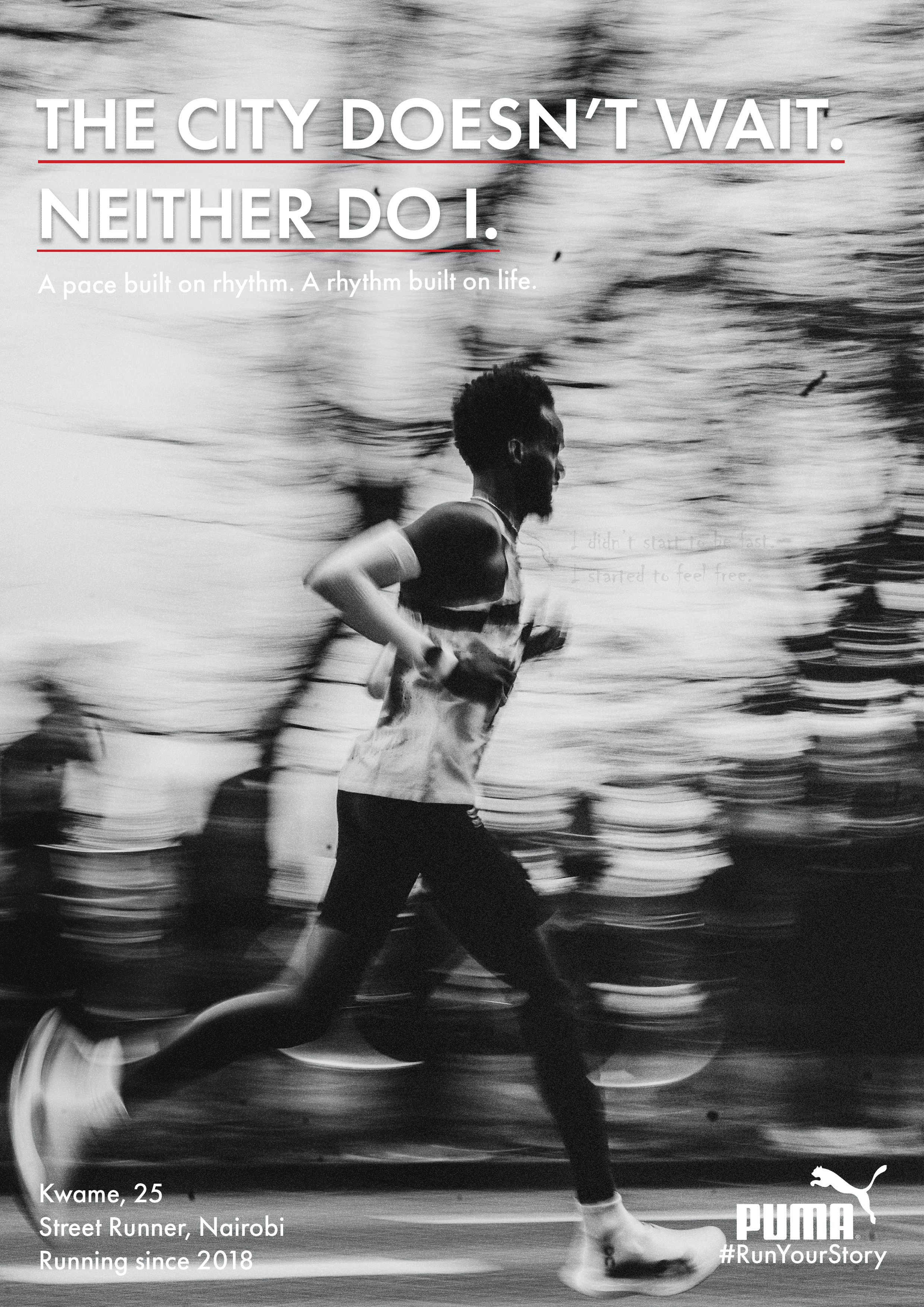 Run Your Story poster 1 — Puma campaign by Golam Sayon Ahamed. Everyday runner, personal motivation, minimal typography.