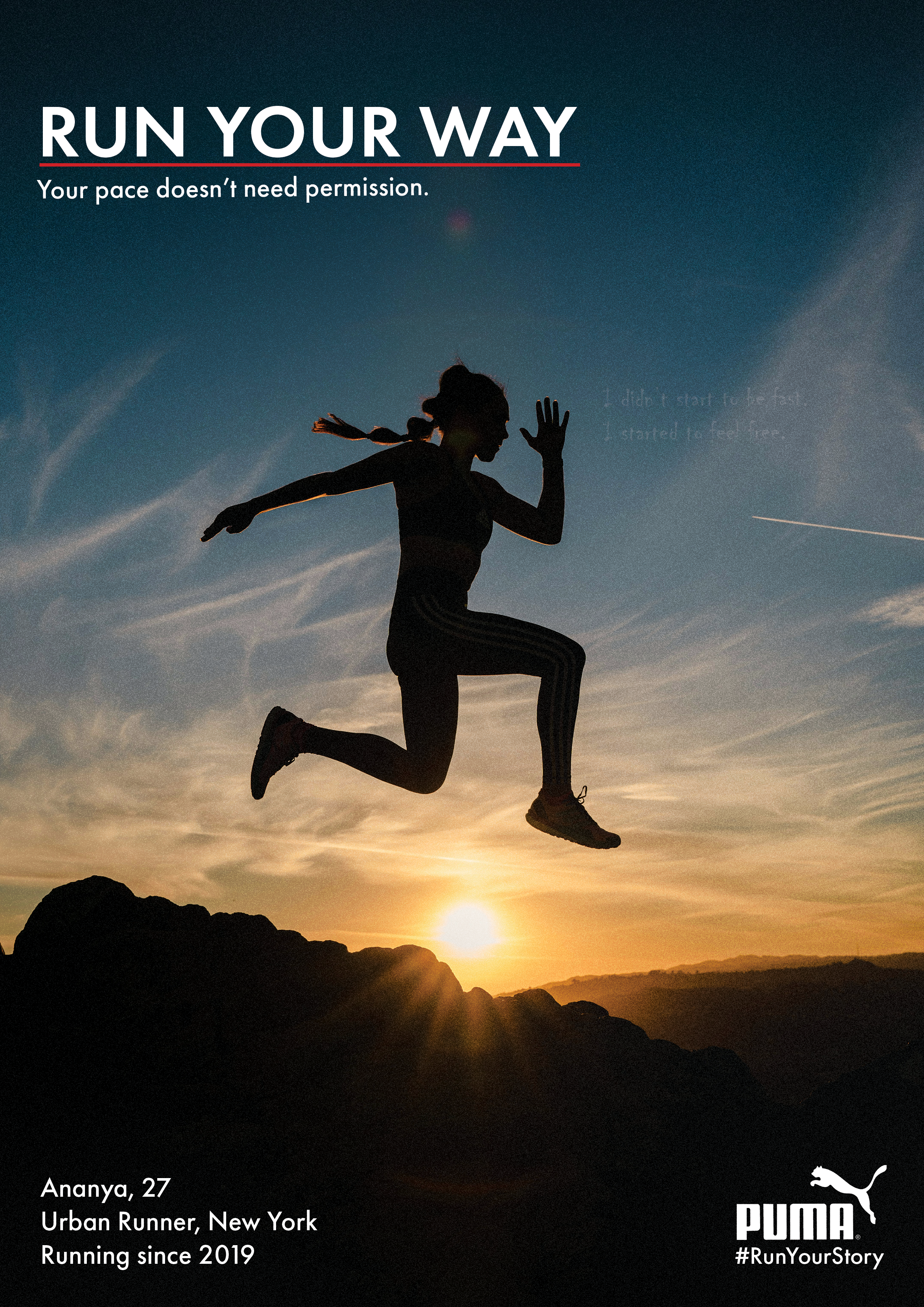 Run Your Story poster 2 — Puma campaign by Golam Sayon Ahamed. Silhouette runner, natural light, single line of copy.