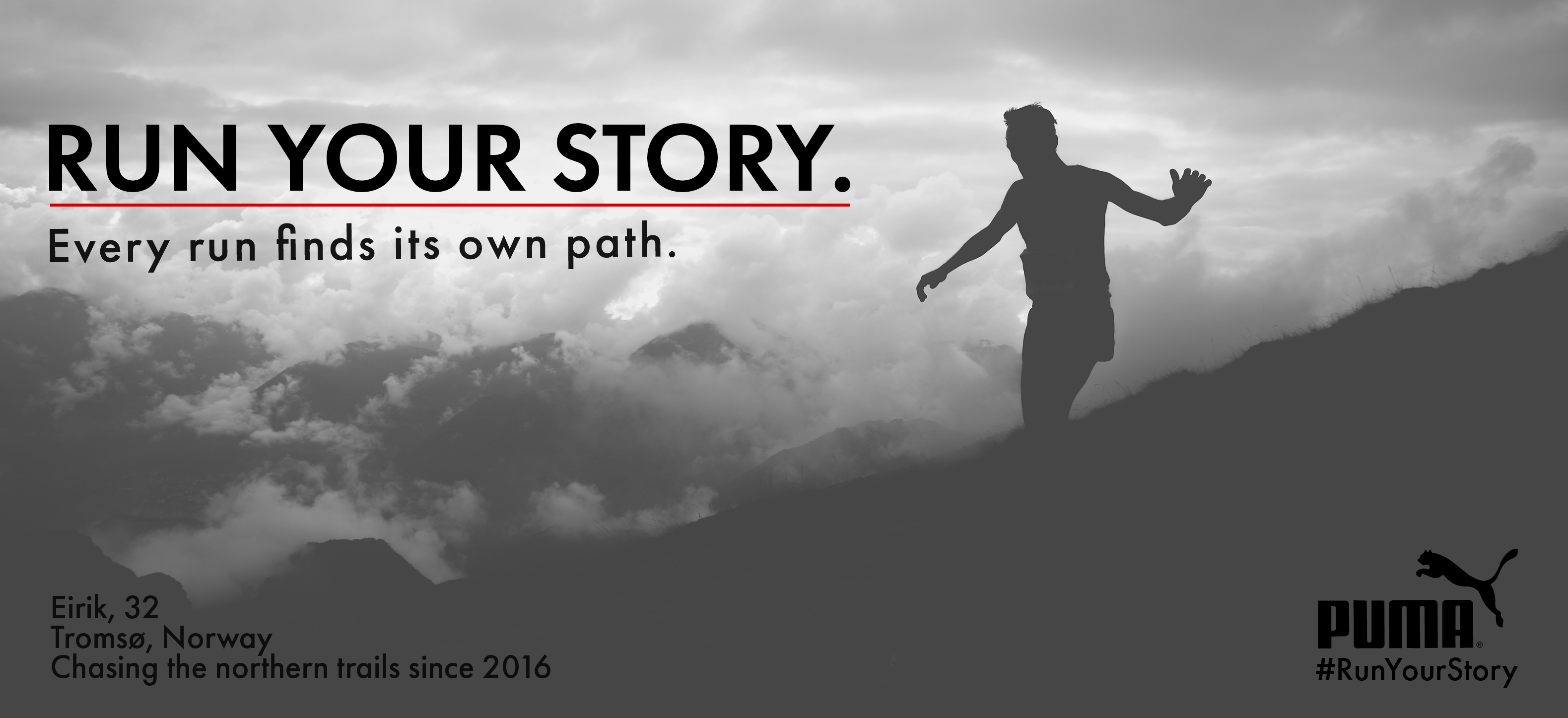 Run Your Story — Puma campaign concept by Golam Sayon Ahamed. Wide billboard showing an everyday runner at golden hour.