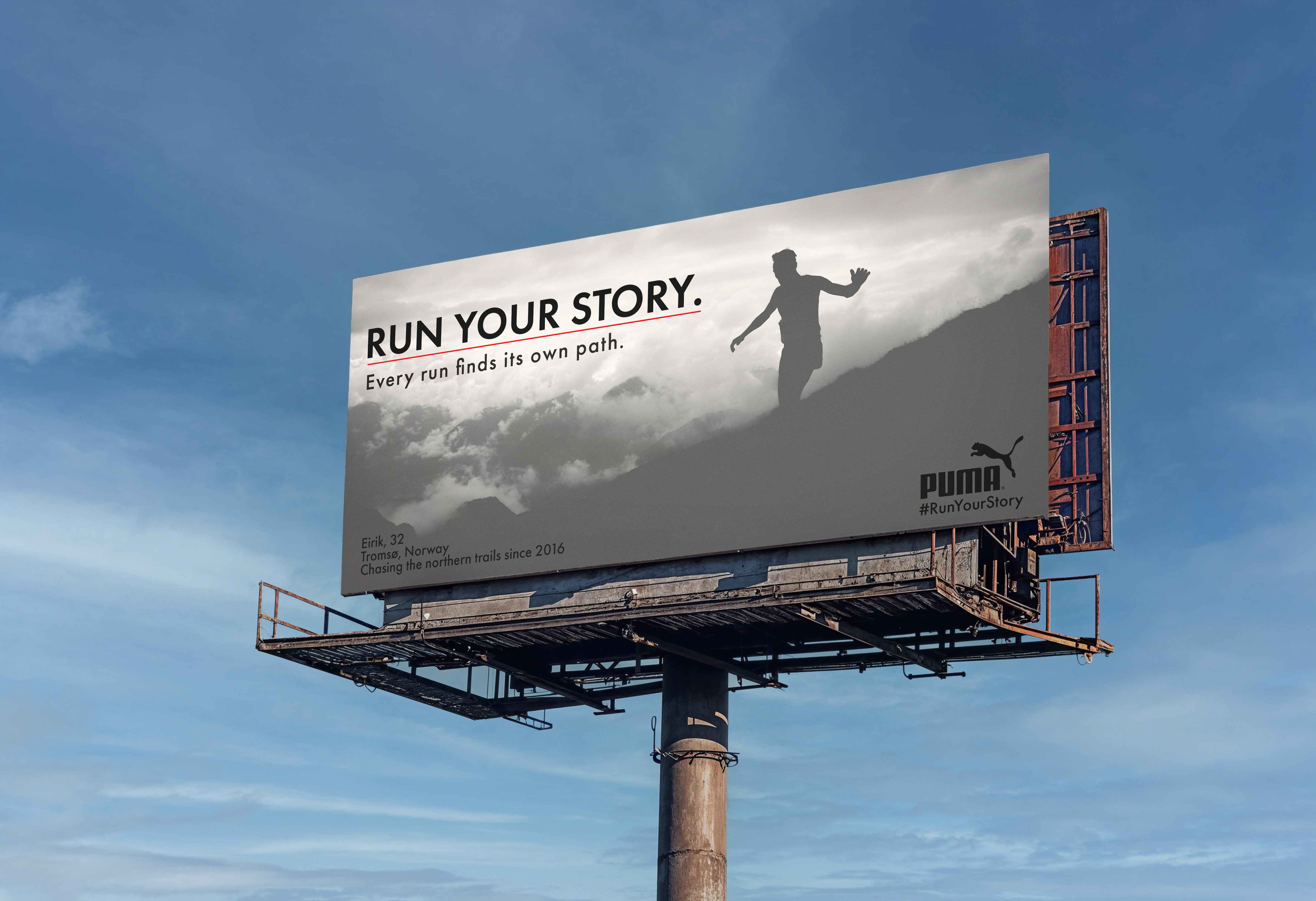 Run Your Story environmental billboard mockup by Golam Sayon Ahamed — Puma campaign at street scale showing real-world placement