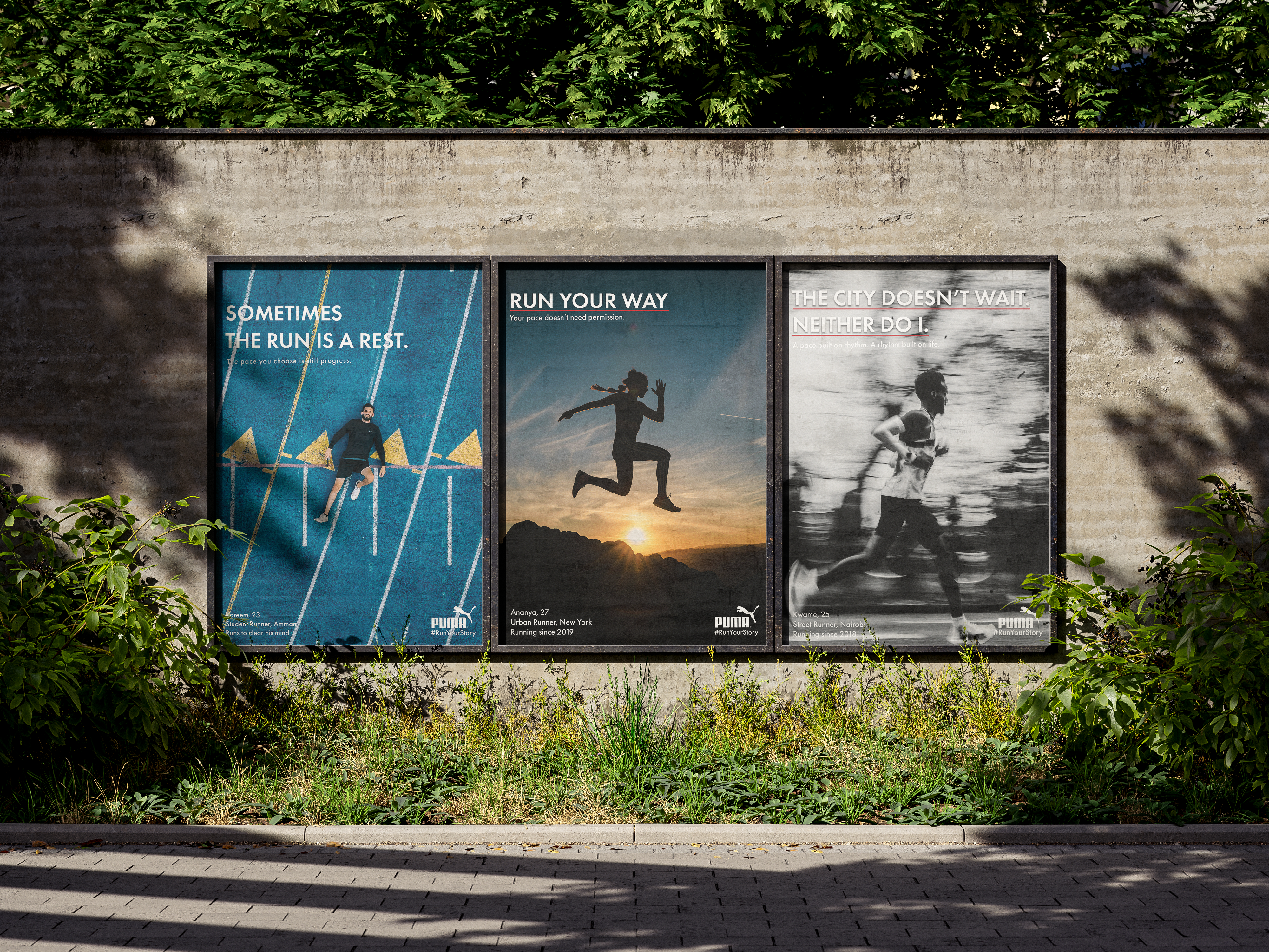 Run Your Story poster series by Golam Sayon Ahamed — all three A4 posters displayed side by side showing visual consistency