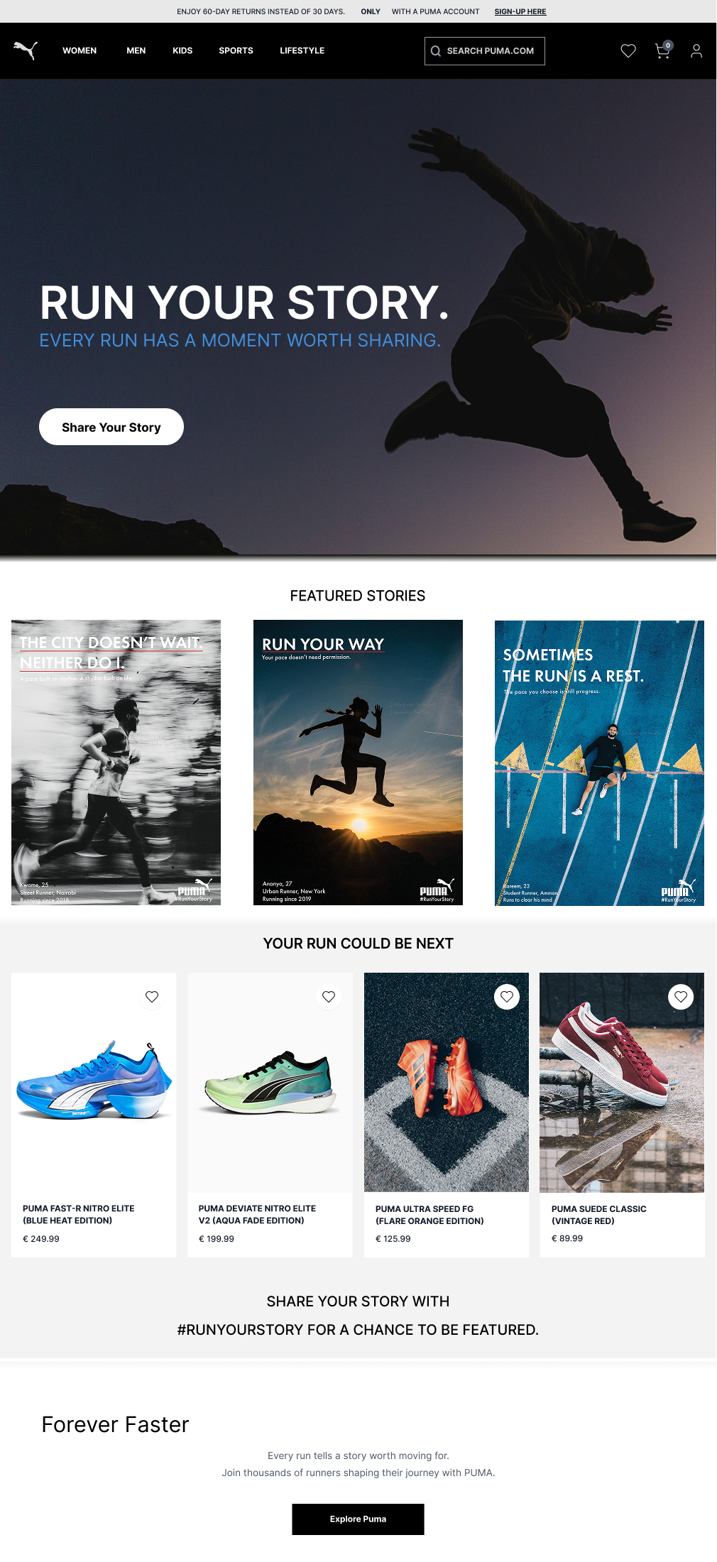 Run Your Story website landing page by Golam Sayon Ahamed — story-led product integration showing Puma shoes entering after emotional connection is built