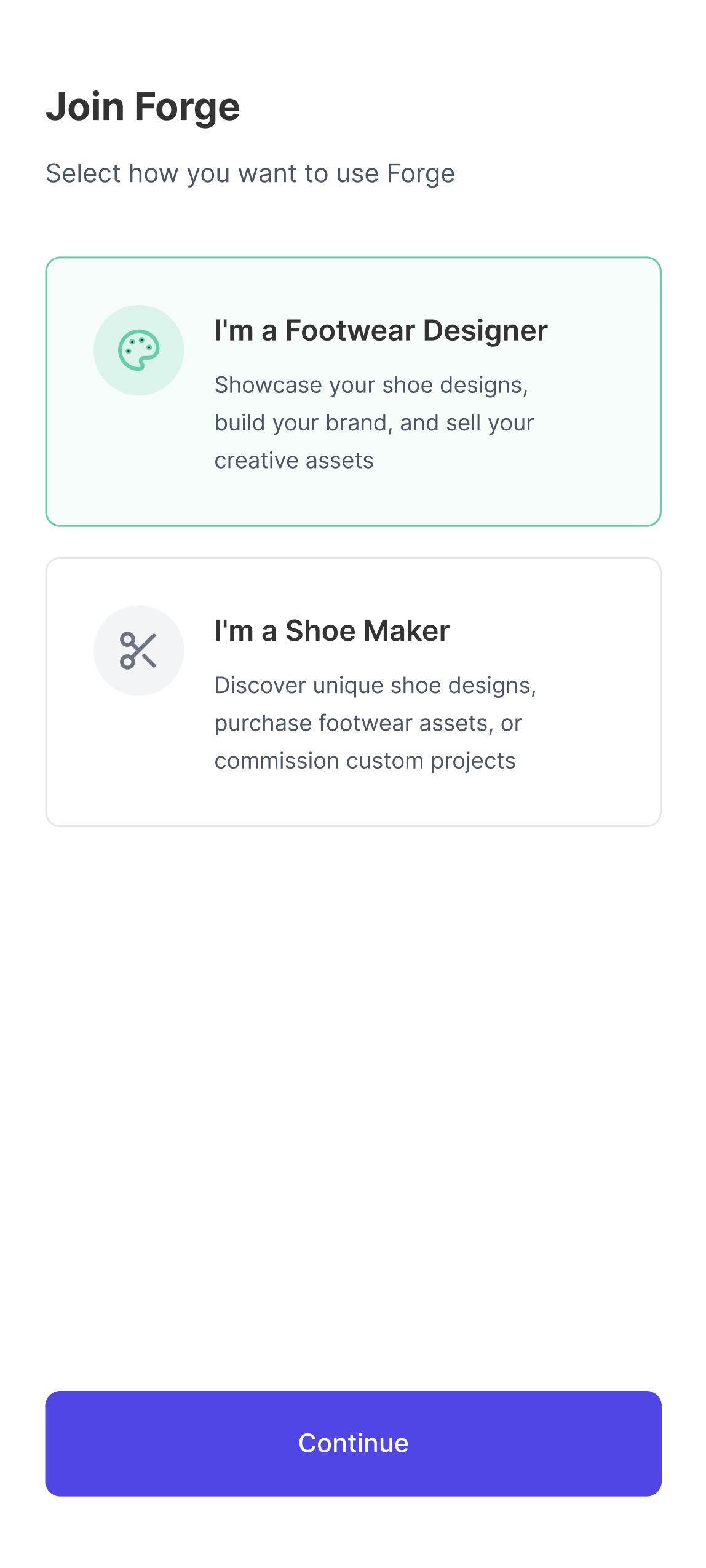 Forge account setup screen