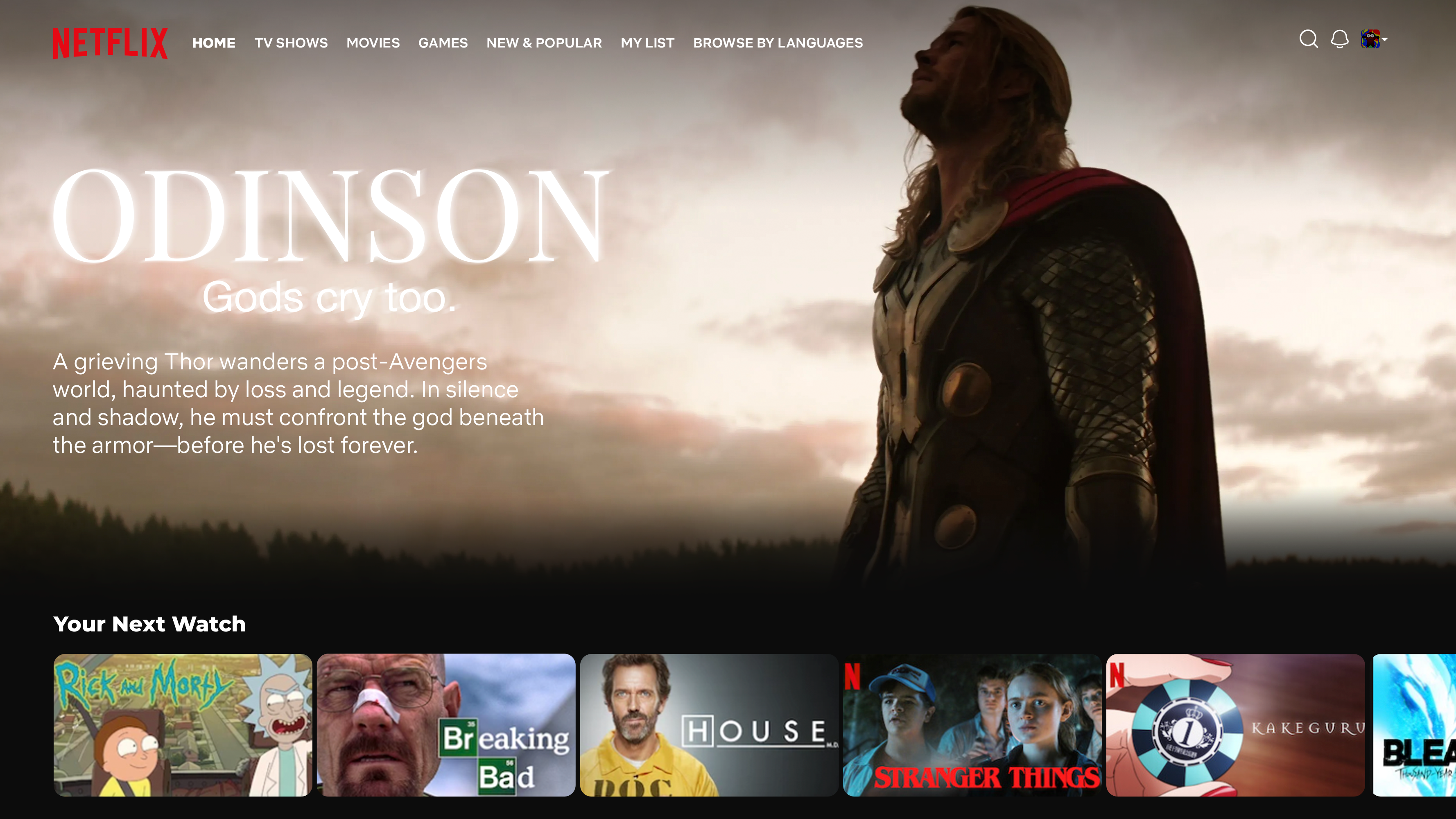 Marvel x A24 conceptual streaming platform UI by Golam Sayon Ahamed — Netflix-style interface with serif typography and Odinson as featured title