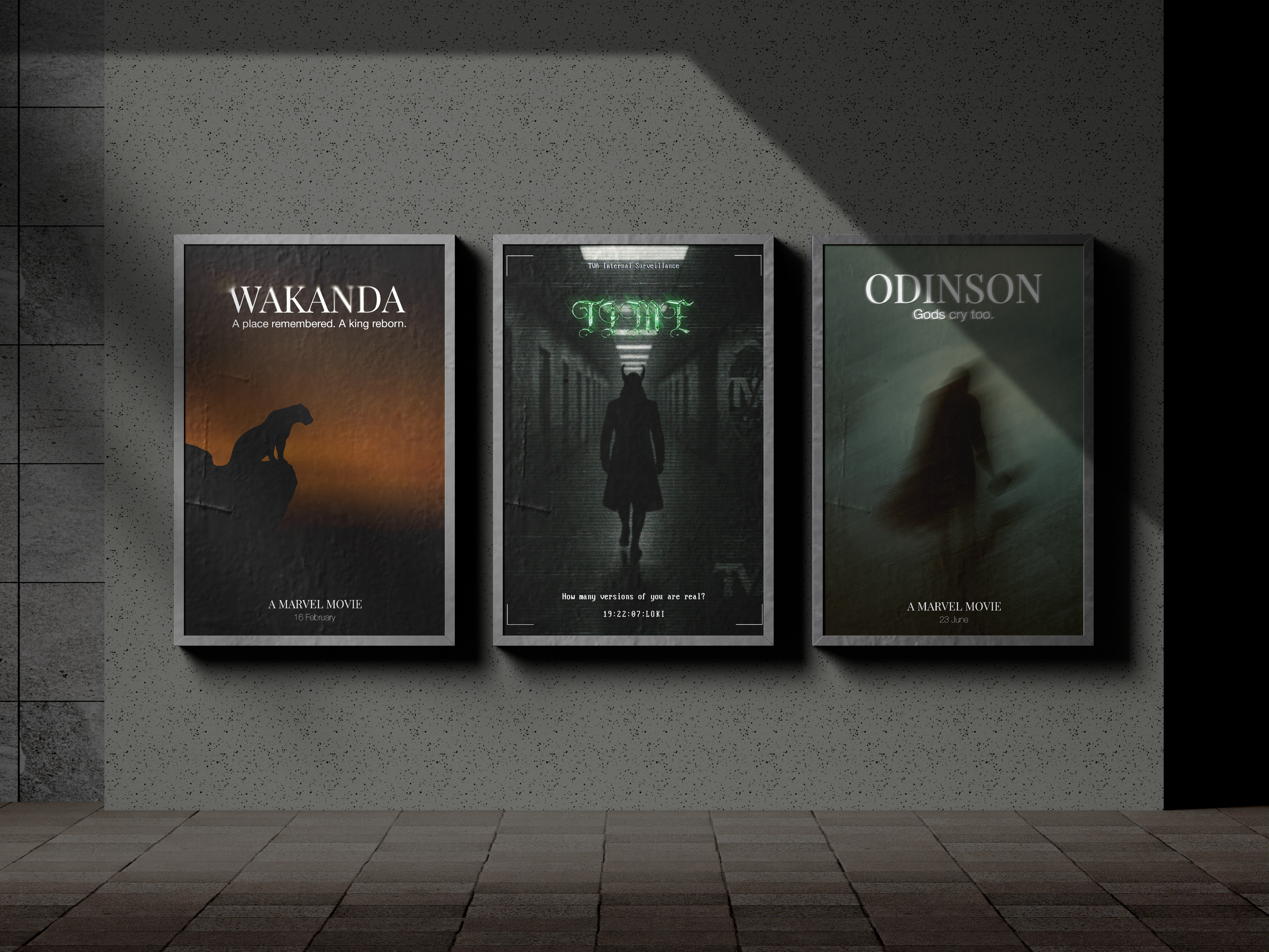 Marvel x A24 poster mockup by Golam Sayon Ahamed — Wakanda, Loki, and Odinson as framed A3 prints on a wall