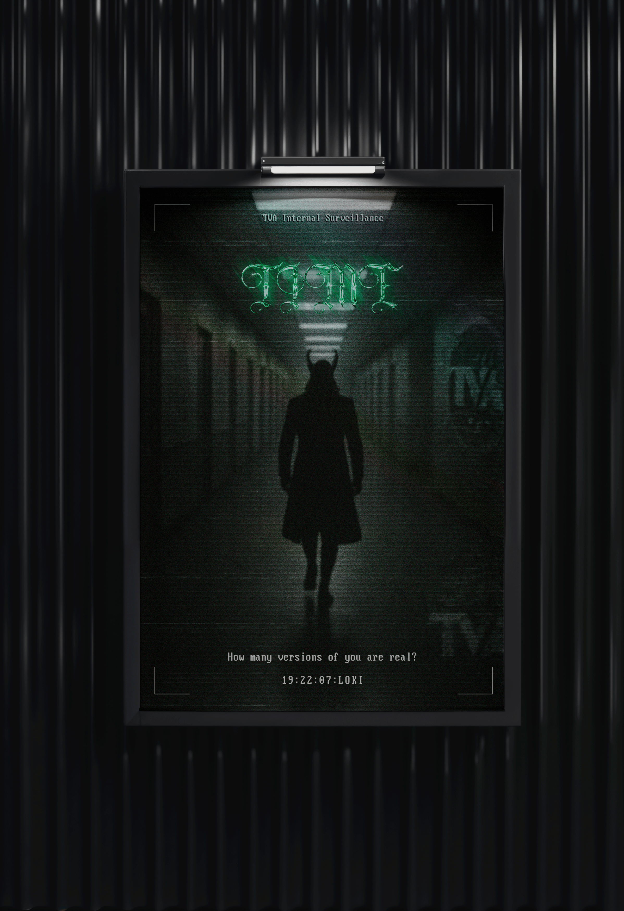 Marvel x A24 Loki poster in ribbed metal frame mockup by Golam Sayon Ahamed — physical print installation