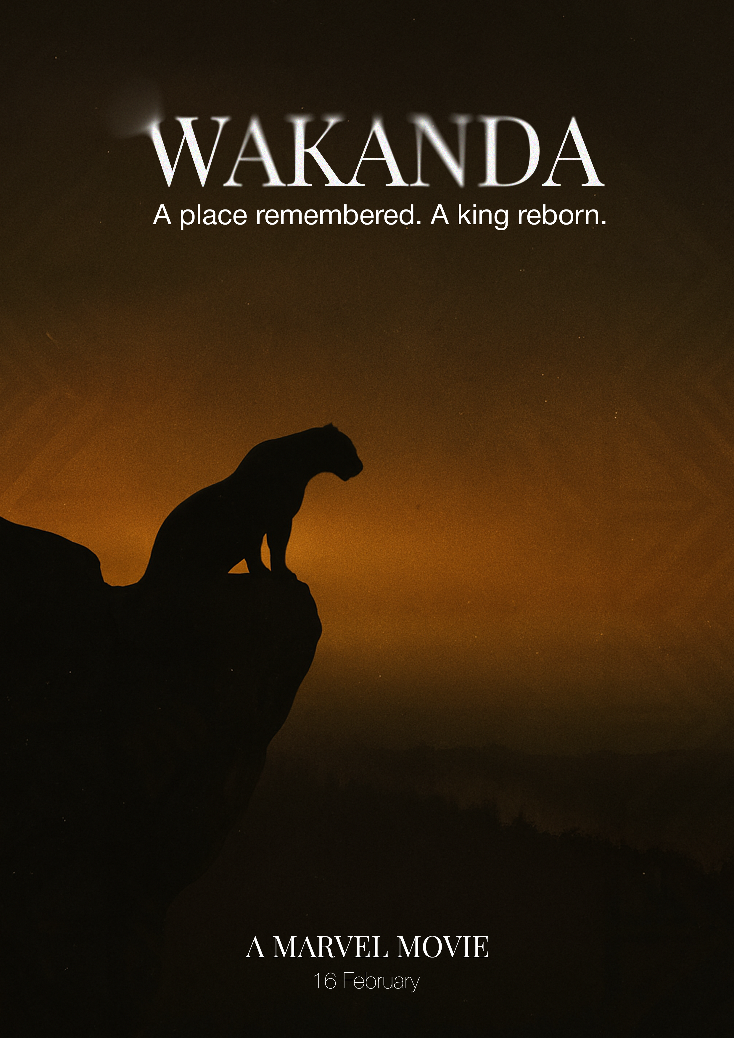 Wakanda poster — Marvel x A24 brand concept by Golam Sayon Ahamed. Silhouette of a panther against a burning orange horizon. Tagline: A place remembered. A king reborn.