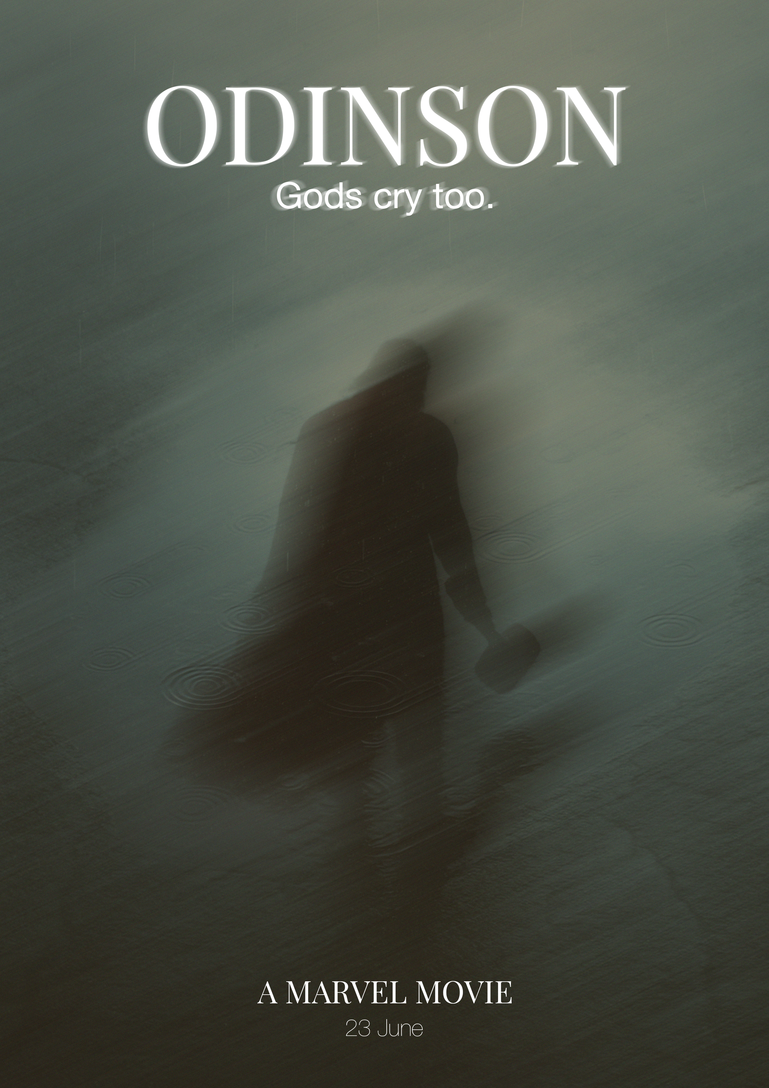 Odinson poster — Marvel x A24 brand concept by Golam Sayon Ahamed. Blurred ghostly figure in muted greys. Tagline: Gods cry too.