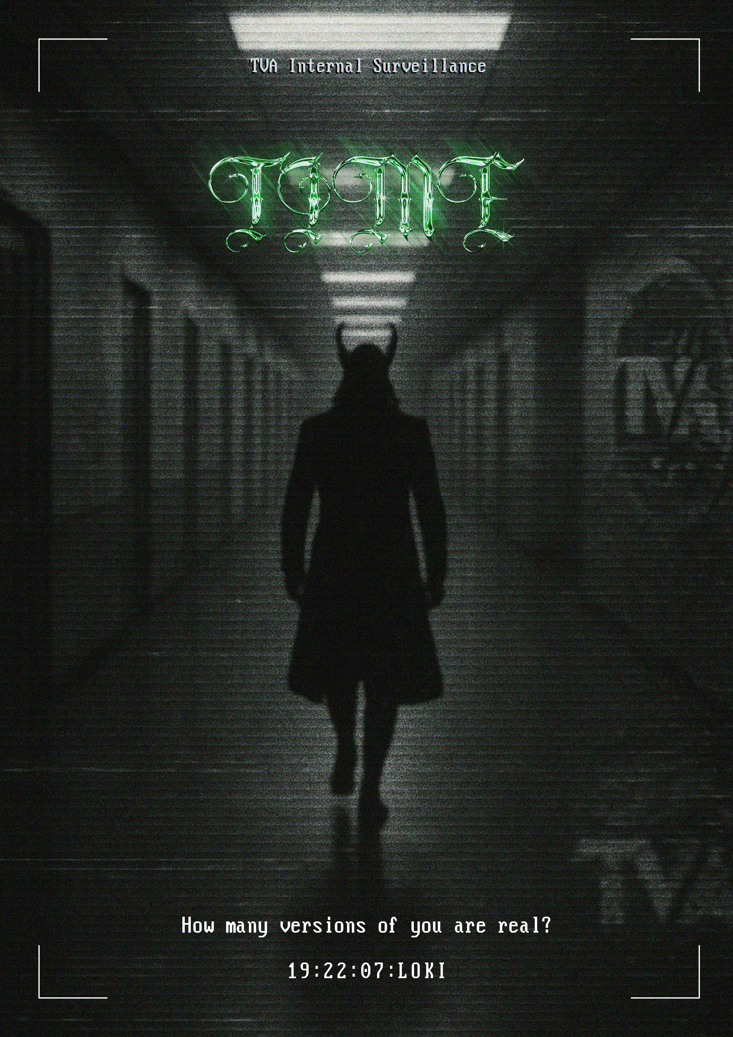 Loki poster — Marvel x A24 brand concept by Golam Sayon Ahamed. Lone figure in a dark green tunnel. Tagline: The many versions of you are real.
