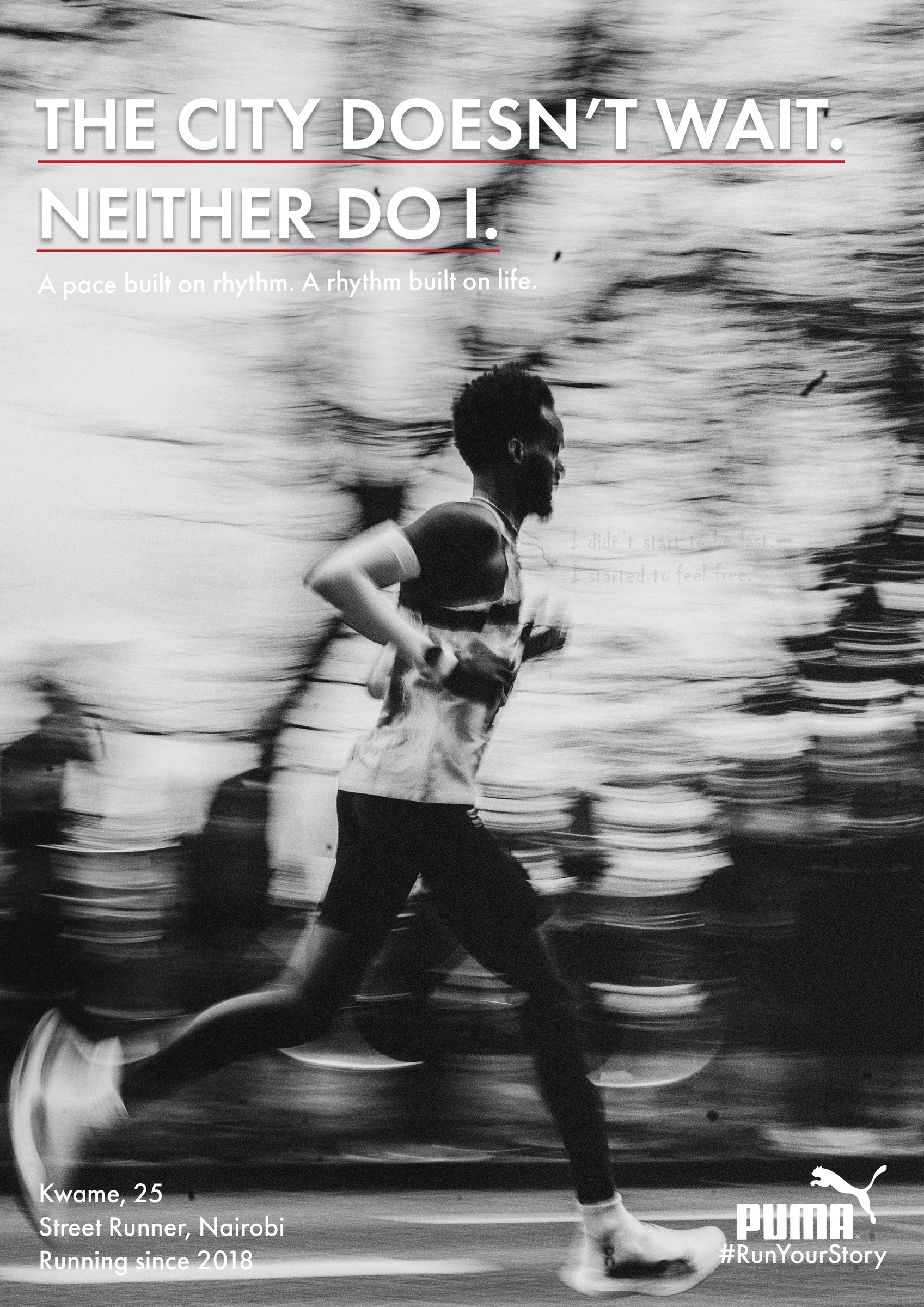 Run Your Story poster 1 — Puma campaign by Golam Sayon Ahamed. Everyday runner, personal motivation, minimal typography.