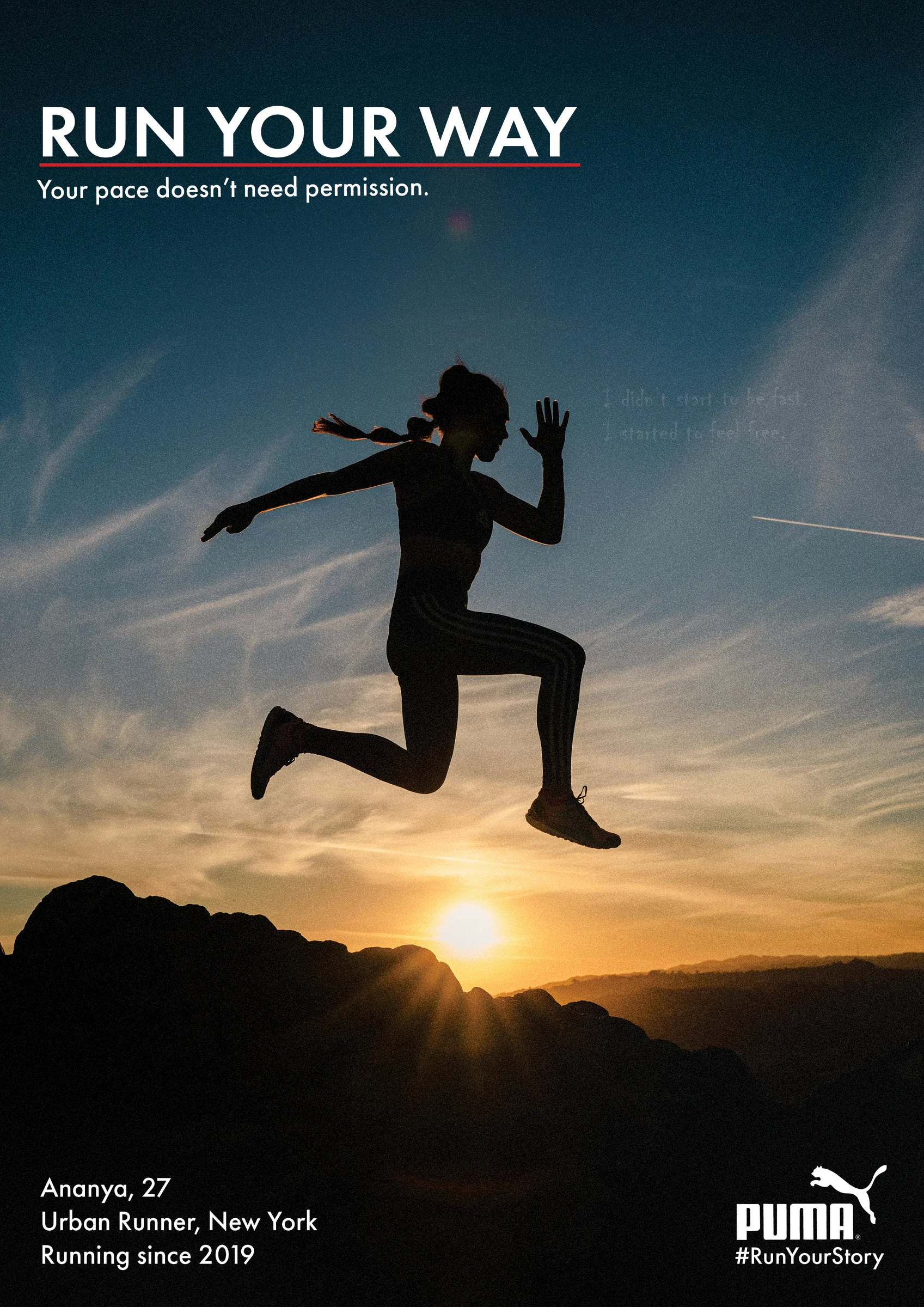 Run Your Story poster 2 — Puma campaign by Golam Sayon Ahamed. Silhouette runner, natural light, single line of copy.