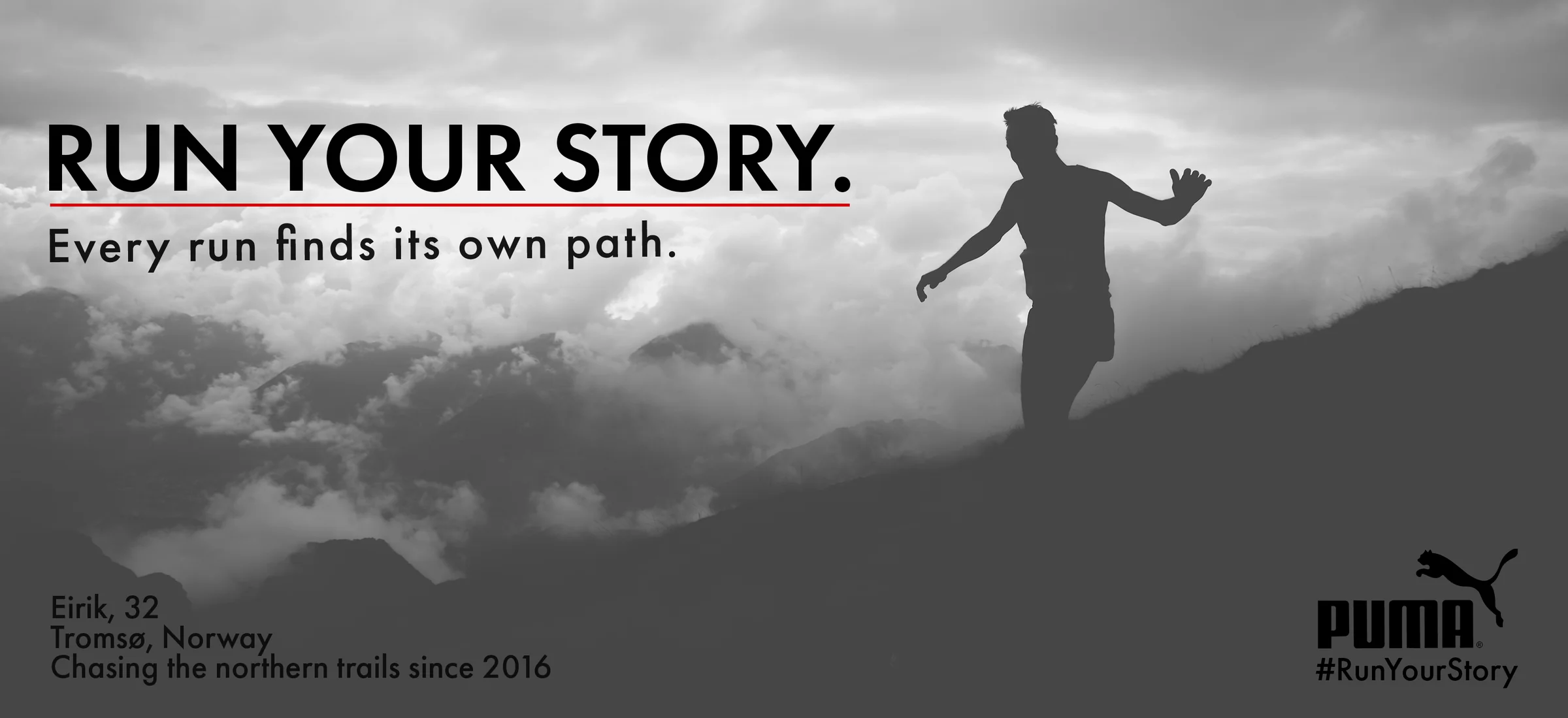 Run Your Story — Puma campaign concept by Golam Sayon Ahamed. Wide billboard showing an everyday runner at golden hour.