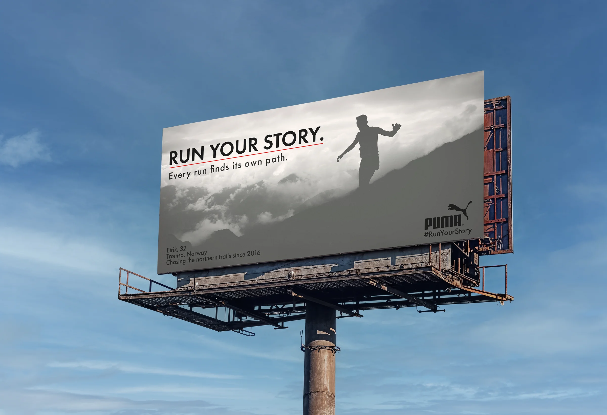 Run Your Story environmental billboard mockup by Golam Sayon Ahamed — Puma campaign at street scale showing real-world placement