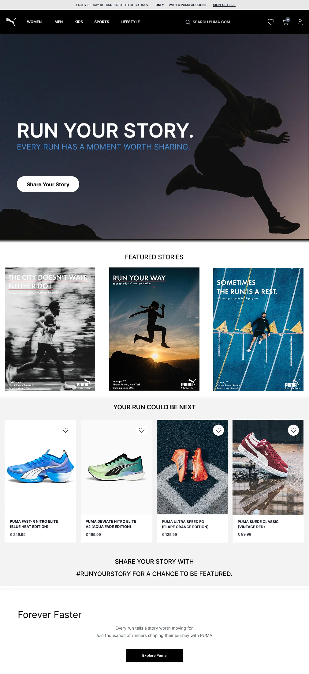 Run Your Story website landing page by Golam Sayon Ahamed — story-led product integration showing Puma shoes entering after emotional connection is built